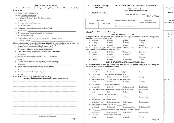 Đề thi tuyển sinh Lớp 10 trường THPT chuyên môn Tiếng Anh (Đề chung) - Năm học 2017-2018 - Sở giáo dục và đào tạo Nam Định (Có đáp án)